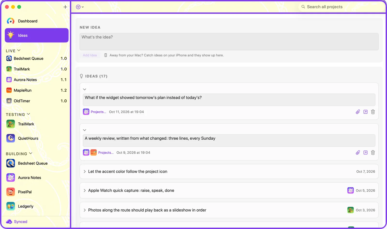 The Ideas section on the Mac with a list of captured ideas