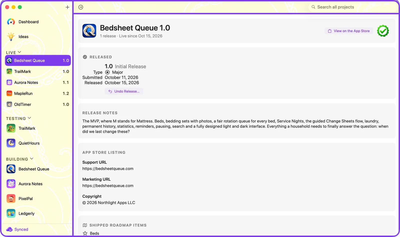 The Live page showing a project's App Store releases
