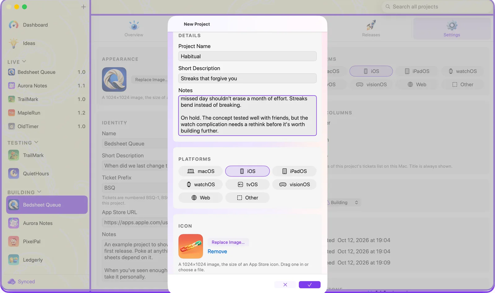 The New Project sheet with name, platforms and icon