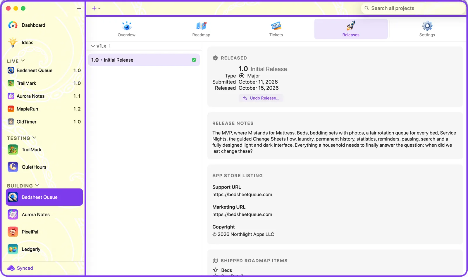 The Releases tab with release notes and the App Store listing for a version