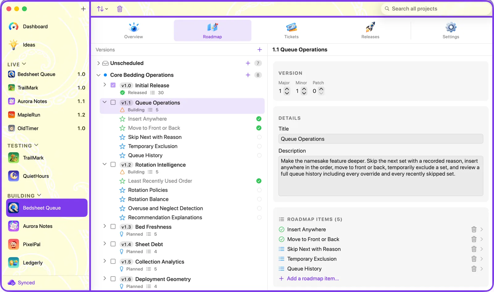The Roadmap tab showing versions with their items and a detail pane