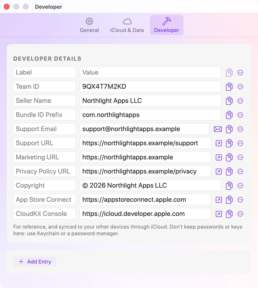 The Developer pane of Settings with a list of developer details