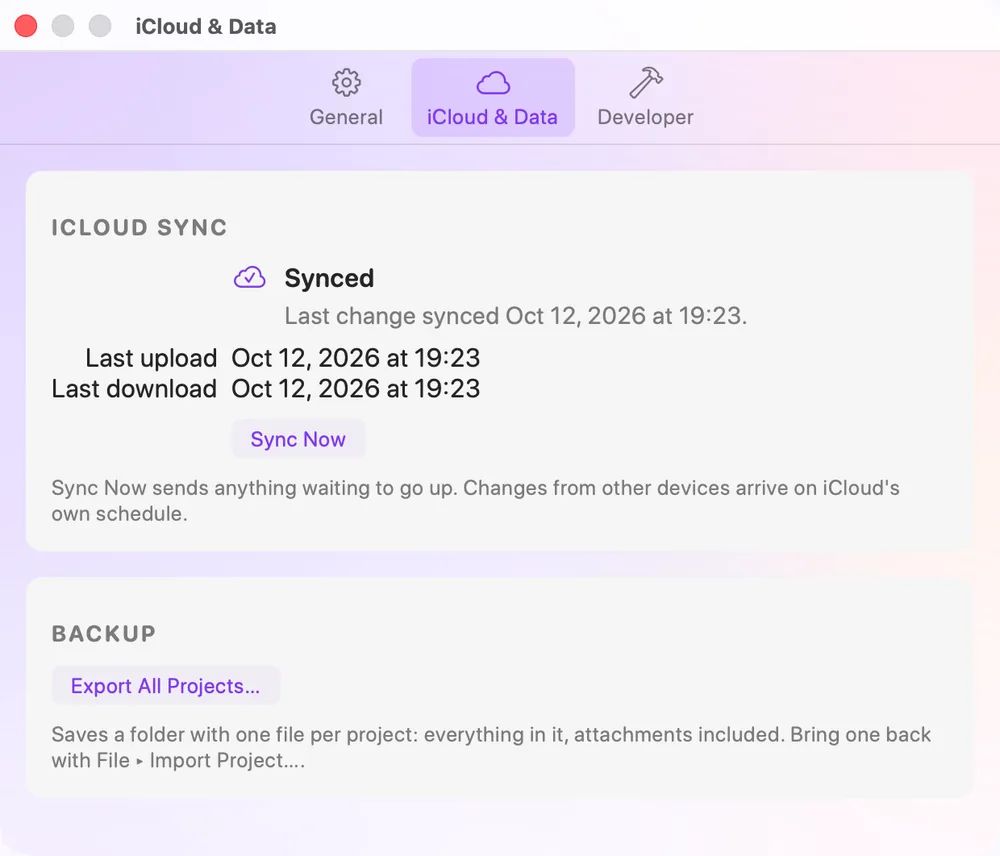The iCloud and Data pane of Settings showing sync status