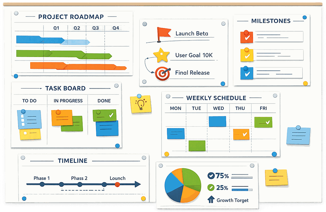 A Pandopus planning board showing a version roadmap, a ticket board, milestones, and a progress chart