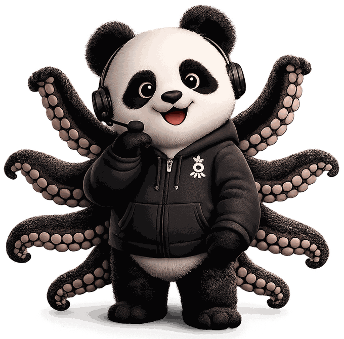 A friendly panda octopus wearing a headset, ready to help
